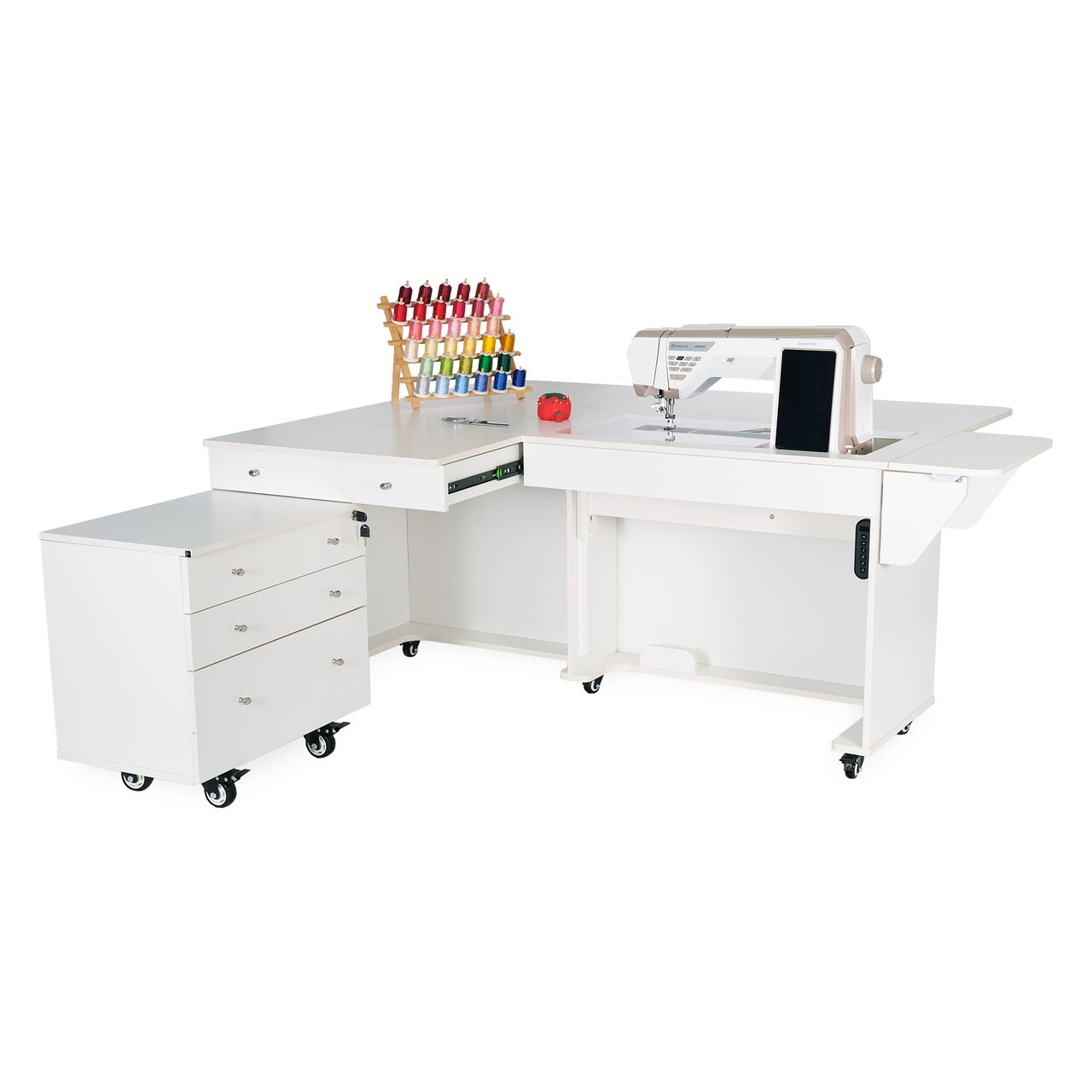 Kangaroo & Joey XL Hydraulic Sewing Cabinet - Sewing Machine Table with Lift Opening, Storage Caddy, Extension Leaves - Fits Machines up to 65 lbs - Ash White, Teak, Gray